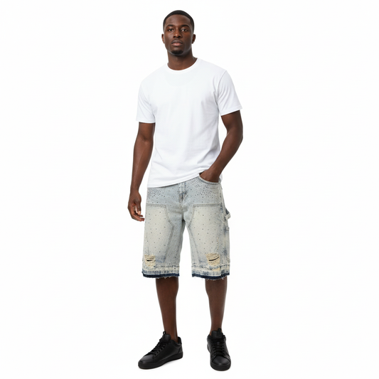 Black Male Streetwear Model – Rhinestone Denim Shorts