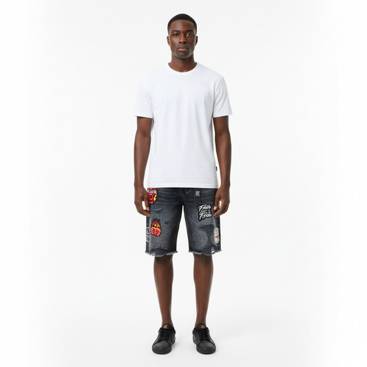 Black Male Streetwear Model – Charcoal Grey-Black Patch Denim Shorts