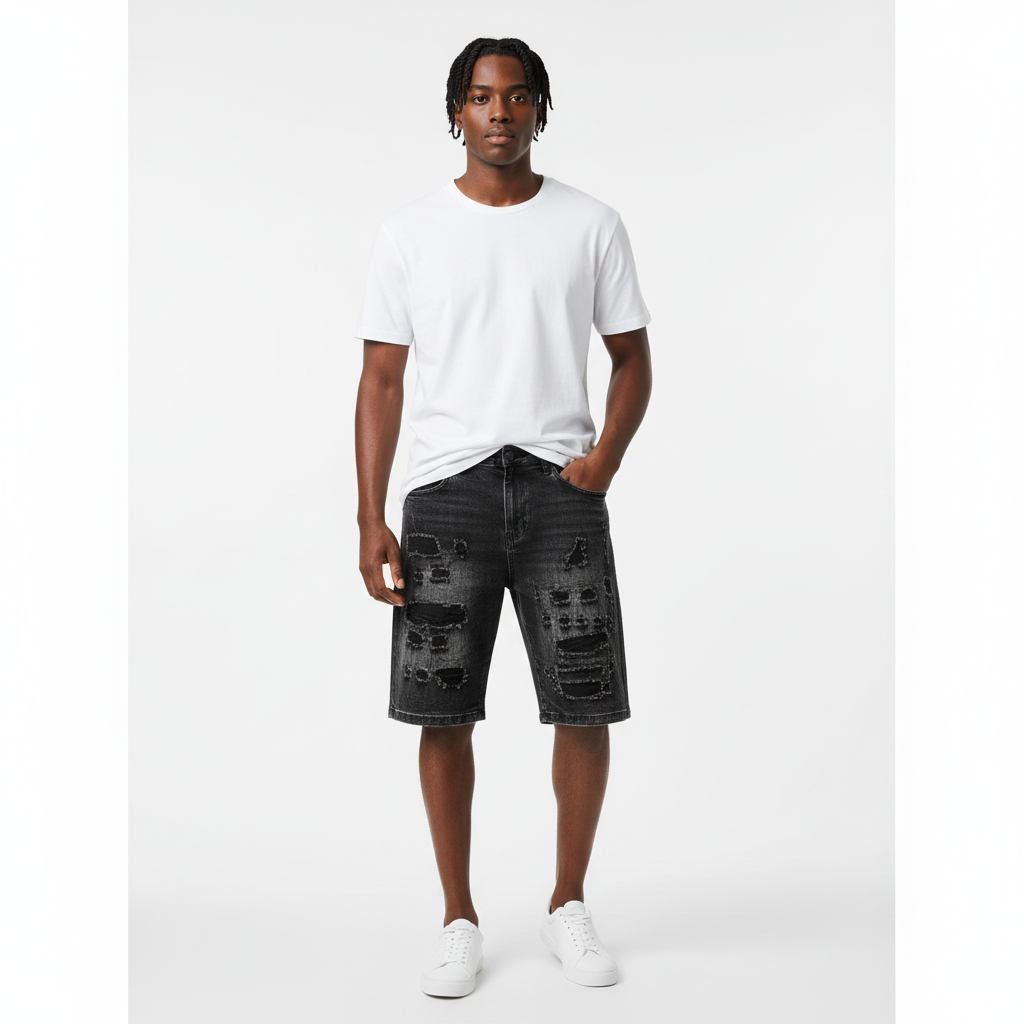 Black Male Streetwear Model - Distressed Shorts