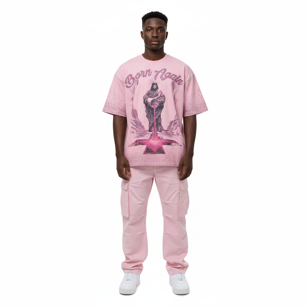 Born Again Pink Tee Model Shot