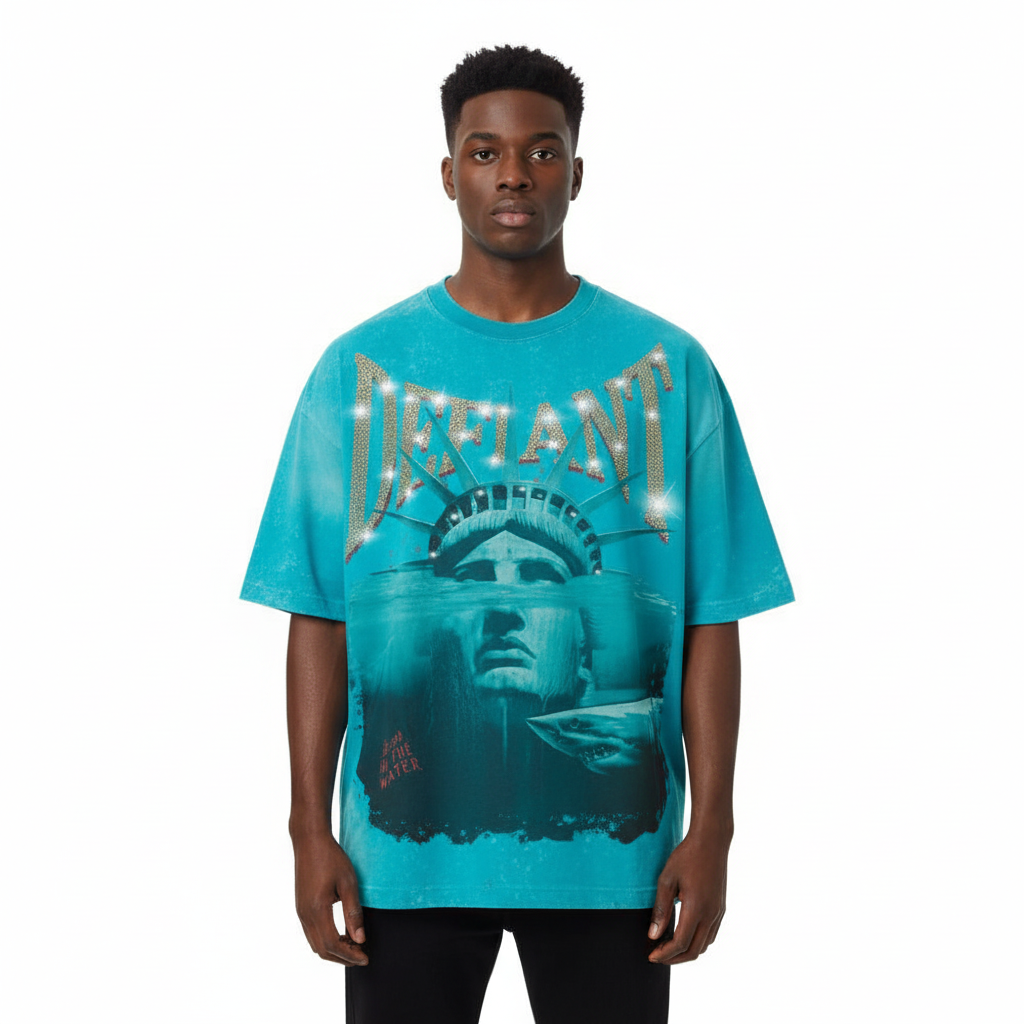 Defiant Teal Tee Model Shot