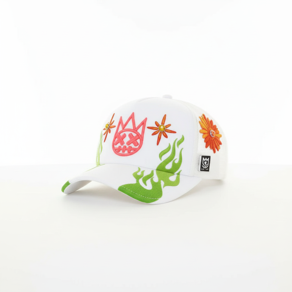 White Floral Flame Cap – Product Only